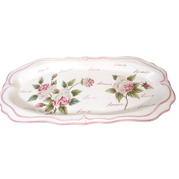Seymour Mann Hand Painted Love Floral Rose Pink Edge Serving Tray Appx 17.5 x 8. - Picture 5 of 14